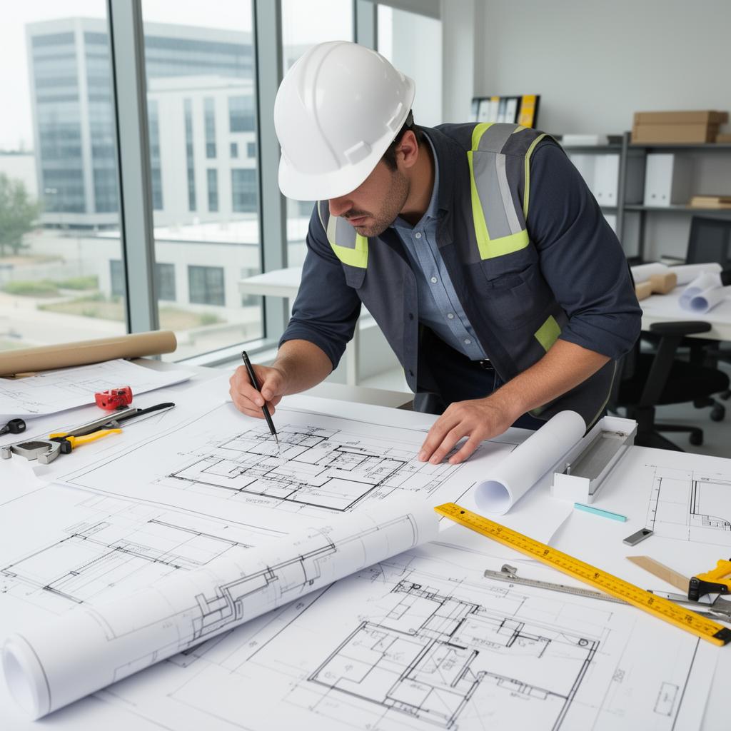 HVAC engineer reviewing building blueprints and mechanical plans