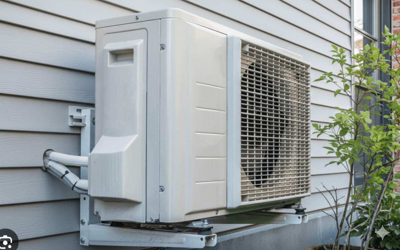 Modern heat pump unit installed outside a residential home