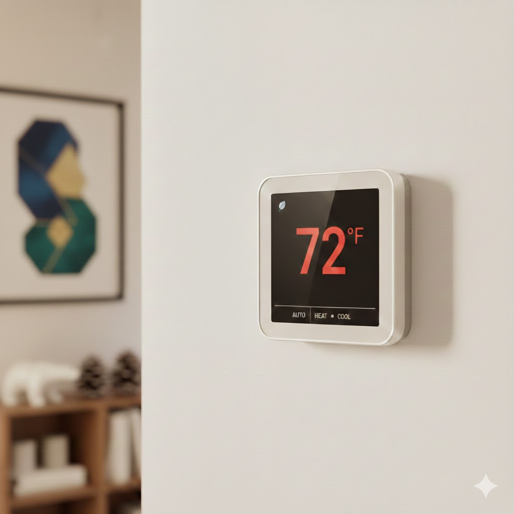 Person adjusting a smart thermostat while holding a warm cup of coffee